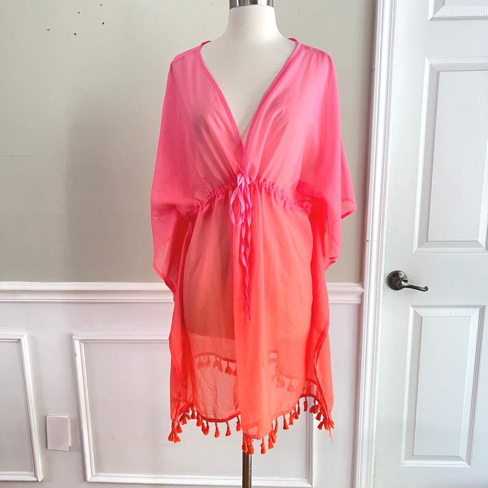 Simply Southern Kaftan Cover Up OS Womens Ombre Tassel Trim Pink Orange Summer